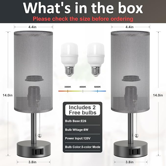 Dark Grey Bedside Table Lamps Set of 2 - Bedroom Lamp for Desk, AC Outlet | 3CCT(3000K/4000K/5000K), LED Bulbs Included, Dark Grey Fabric Lampshade, 14in Small Lamp for Nightstand, Guest Room, Dorm