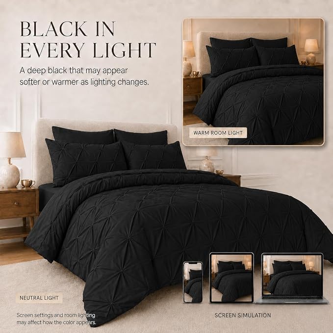 HIMEET Twin Comforter Set Black - 5 Pieces Pintuck Bed in a Bag | OEKO-TEX Certified, 240GSM Down Alternative Comforter, 14" Deep Pocket Fitted Sheet + Flat Sheet + 1 Pillowcase + 1 Sham