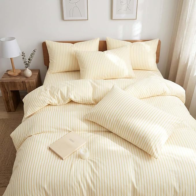 Nayoroom Yellow Striped Duvet Cover Queen Size Yellow and White Stripe Duvet Cover Aesthetic Dorm Bedding 3 Pieces Soft Microfiber Farmhouse Bedding Set Girls Bedroom Decor