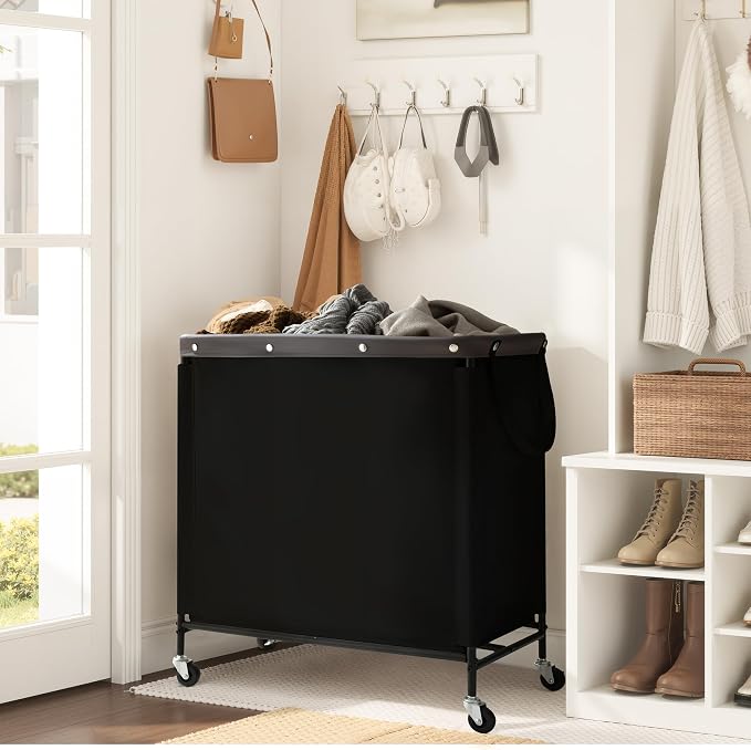 StorageWorks 3 Section Laundry Hamper, 120L Black Sorter Cart with Wheels | Black Sorter Cart, Rolling Organizer for Bedroom, Bathroom, Apartment