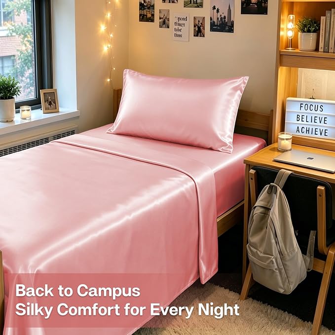 MR&HM Satin Sheets Twin Size with Elastic Corner Straps, Blush | Similar to Silk, 3-Piece Silky Soft Bed Sheet Set, Gentle on Skin and Hair, 15" Deep Pocket, Cooling & Breathable