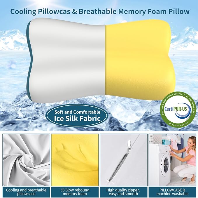 Cervical Neck Pillow for Pain Relief, Contour Memory Foam Pillows Ergonomic Pillow Orthopedic Cooling Pillow Bed Pillow Neck Support for Side Back Stomach Sleepers(Grey&Blue)