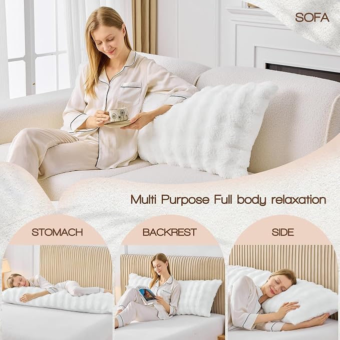 YZ HOME Faux Fur Fluffy Body Pillow for Adults, Soft Support | Firm Body Pillow, Adjustable Support for Side Sleeping, Pregnant Women, Washable cover,Gifts, 20x54 Inch (White)