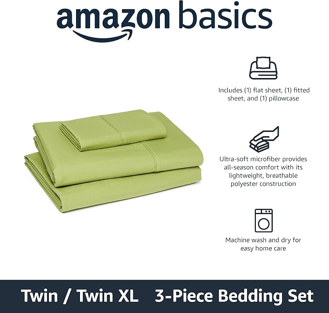 Amazon Basics Lightweight Microfiber 3-Piece Bed Sheet Set, Twin XL, Oliver Light, Solid