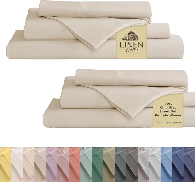 Linen Home 2-Pack King Sheet Set, 100% Cotton Percale Bedding, 8-Piece Value Bundle, Deep Pocket Cooling Bed Sheets for Hot Sleepers, Breathable & Crisp Hotel Quality, Long-Staple Cotton, Ivory