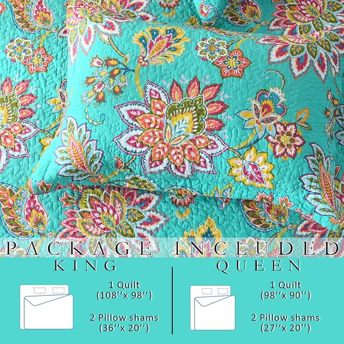 Wistown Cotton Bedspread Bedding Coverlet Quilt Sets, Reversible Vintage Branch Floral Bedspread comforters, (Vintage Turquoise Paisley Floral Pattern, King Size)