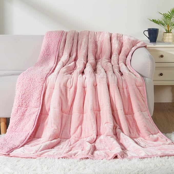 Cottonblue Fleece Weighted Blanket 15lbs for Adults Twin Size 48x72in Soft | Cozy Warm Sherpa Flannel Pink Weighted Blankets Throw for Sleep Calm Relax, Fuzzy Faux Fur Heavy Blanket for Bed Couch Sofa