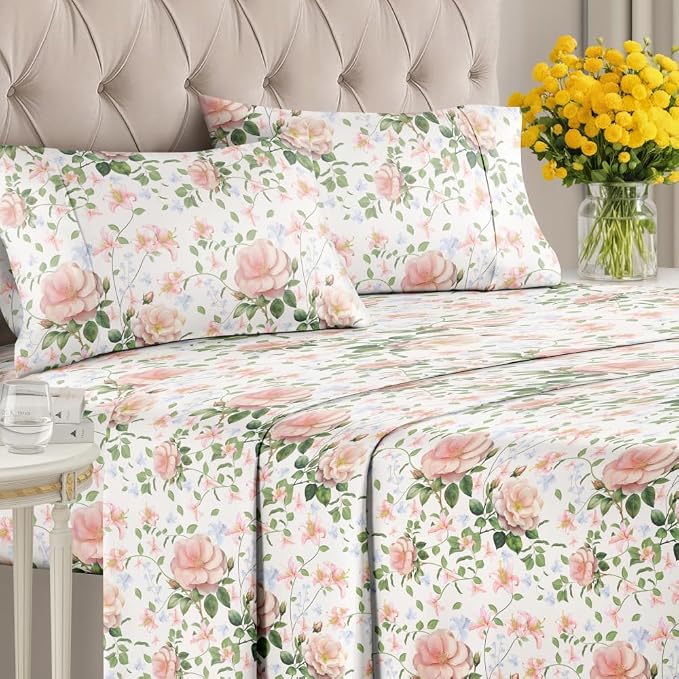 Full 4 Piece Floral Sheet Set - Soft, Breathable & Cooling - Secret Garden | 1 Flat, 1 Fitted & 2 Pillowcases w/ Deep Pockets, Boho Botanical Floral Bedding, Breathable & Cooling, Wrinkle & Fade Free