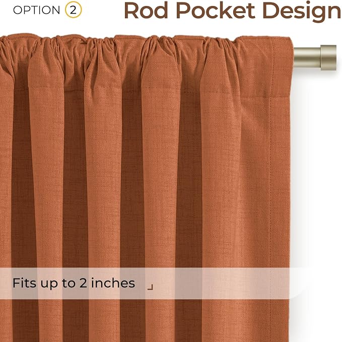 INOVADAY 100% Blackout Linen Curtains for Bedroom 50x96 Inches Burnt Orange | Linen Textured, Light Blocking, Room Darkening, Thermal Insulated, Back Tab Top, Window Curtains for Living Room, 2 Panels