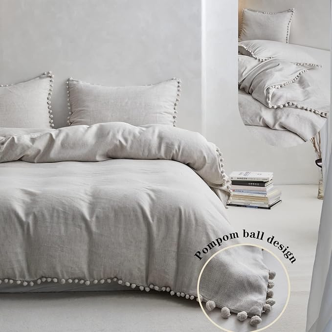 Simple&Opulence French Linen Blended Duvet Cover King, Flax Viscose Derived from Bamboo Bedding Set with Pom Pom Trim Soft Cooling for Hot Sleepers, 1 Boho Comforter Cover and 2 Pillow Shams, Linen