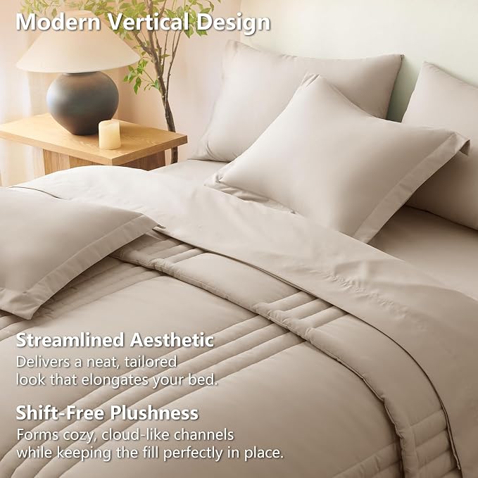 Full Size Comforter Sets Wheat- 7 Pieces Bed in a Bag | OEKO-TEX Certified, 240GSM Down-Alternative Comforter, 14" Deep-Pocket Sheets, Shams & Pillowcases, Lightweight