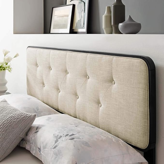 Modway MOD-6233-BLK-BEI Collins Tufted Full Fabric and Wood Headboard, Black Beige