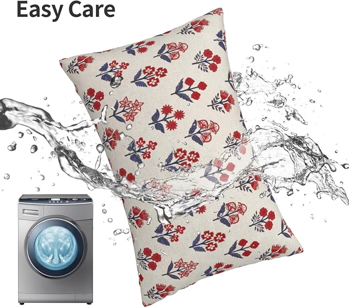 4th of July Pillow Covers 12x20 Inch 2 Pcs Red Blue Block Print Vintage Floral Patriotic Outdoor Decor Throw Pillows Memorial Day Holiday Decoration Pillowcase Linen Cushion Cover for Couch