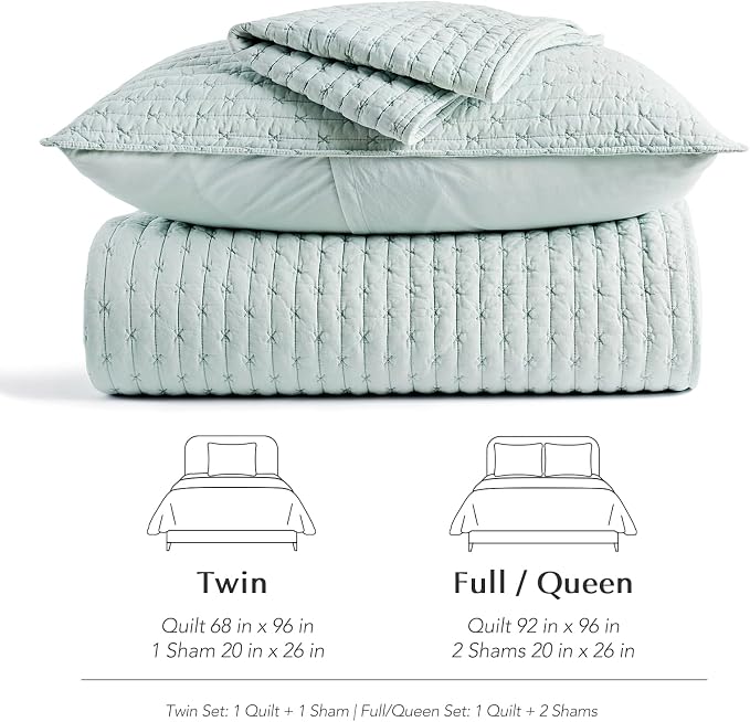 100% Cotton Cross Stitch 3-Piece Quilt Set, Queen, Seafoam Aqua | 100% Cotton, Elegant Cross Stitch, Soft & Breathable, Prewashed Softness, Oversized Design, OEKO-TEX® Certified