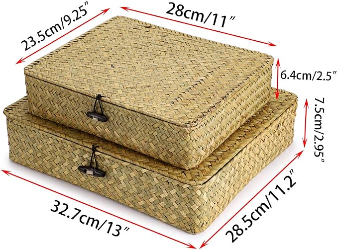 Hipiwe 2 Packs Flat Wicker Basket Box with Lid Woven Seagrass Storage Bins | Handwoven Basket Boxes for Shelf Organizing, Home Decorative Bins Box for Home Decor, Natural Color