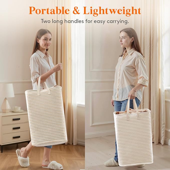 Lifewit 75L Large Collapsible Laundry Basket with Extended Handles, Beige | Foldable Laundry Hamper, Tall Dirty Clothes Basket, Waterproof, Freestanding Design for Bedroom, Bathroom, College Dorm