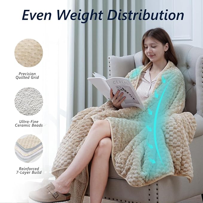 Mr. Sandman Weighted Blankets for Adults, Queen Size 60 x 80 Inches, 15lbs | Machine Washable; Soft Warm Sherpa Fleece; Jacquard Flannel Filled with Glass Beads; Heavy Throw for Sleep and Calm; Khaki