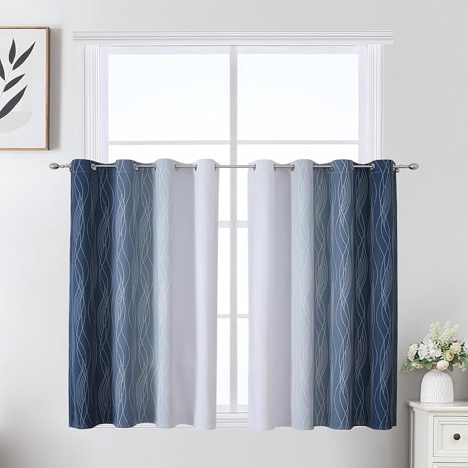 Navy Blue and Greyish White Blackout Curtains for Kitchen 36 Inch Length | Ombre Short Cafe Curtains,Thermal Insulated,Small Half Window Grommet Drapes for Basement/RV Camper,52Wx36L,2 Panels