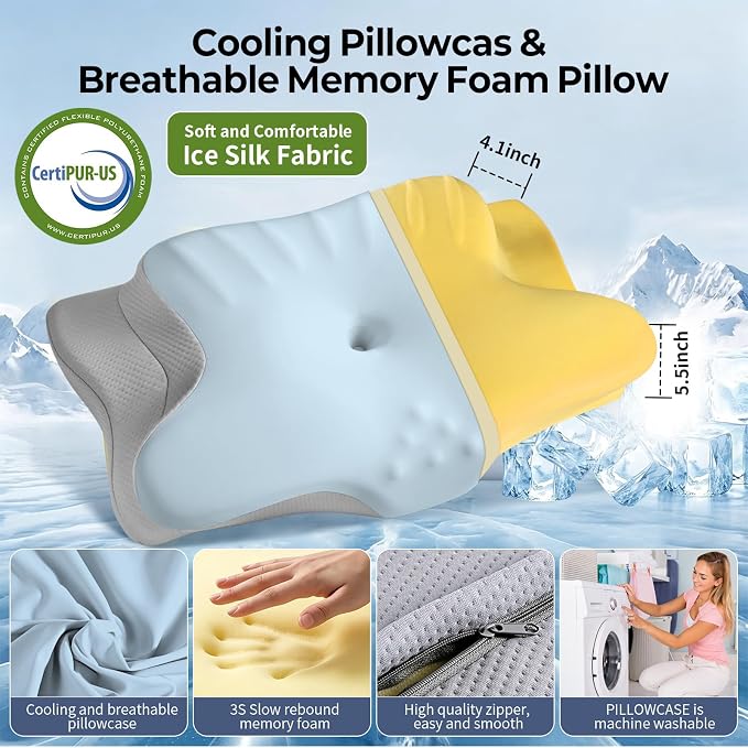 Ylekto Cervical Neck Pillow for Pain Relief - Contour Memory Foam Pillows | Ergonomic Pillow for Sleeping, Side Sleeper Pillow for Neck Support, Bed Pillow for Side Back Stomach Sleepers (Blue & Grey)