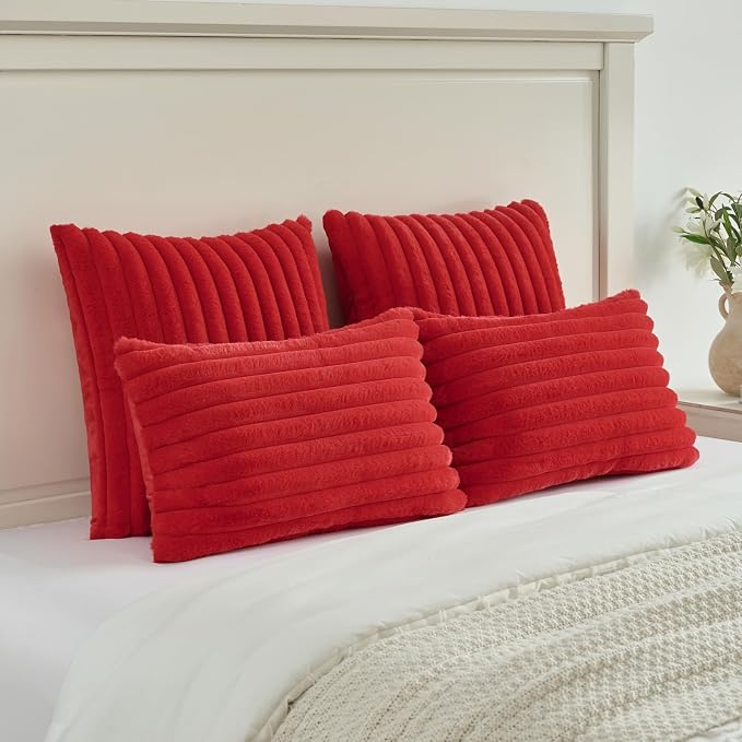 FUTEI Pack of 2 Faux Fur Throw Pillow Covers 16x16 Inch, Red | Fluffy Faux Rabbit Fur Front/Premium Velvet Back,Hidden Zipper,Machine Washable,Non-Shedding,Colorfast,Insert Not Included.