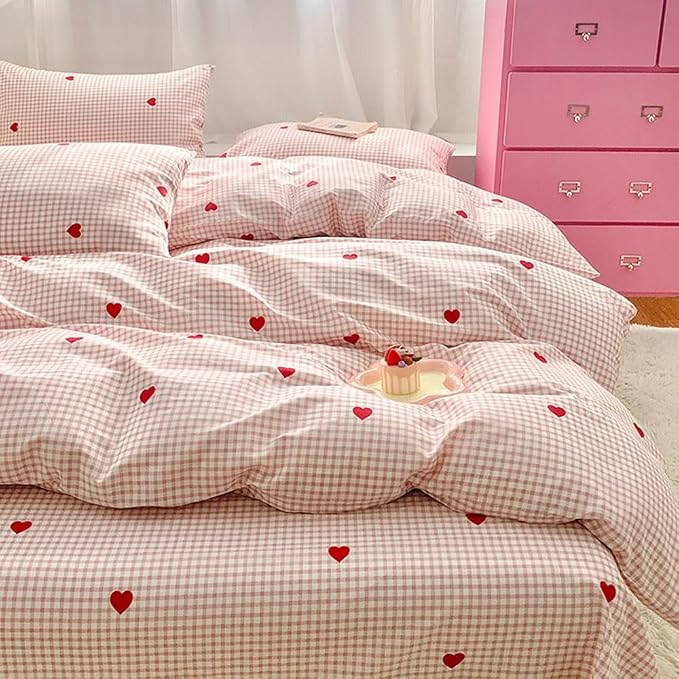 Nayoroom Gingham Duvet Cover Queen Size Pink Plaid Red Heart Printed on White Bedding Set 3 Pcs Kids Girls Cute Heart-Shaped Comforter Cover with Zipper Closure Soft Breathable Microfiber