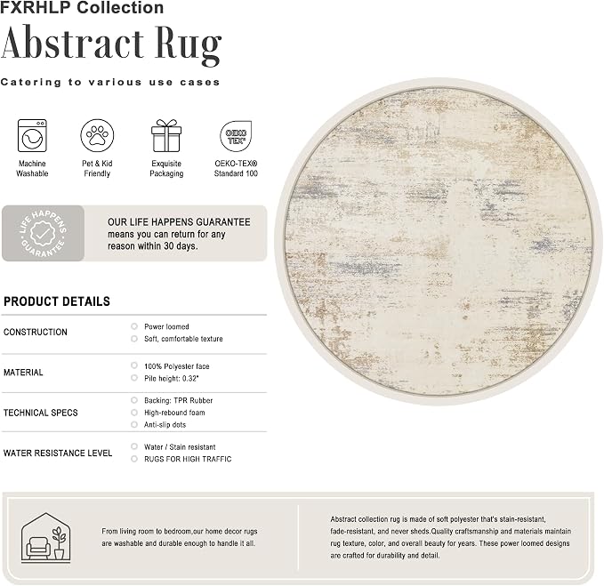 Round Area Rug Living Room: 6 ft Modern Washable Indoor Carpet | For Bedroom Dining Room Farmhouse Nursery Hallway Office,Modern Abstract,Machine washable,Non-Slip,Stain Resistant,Indoor