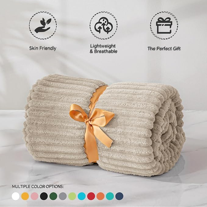 BEDELITE 3D Ribbed Jacquard Linen Fleece Twin Blanket for Couch, 60x80 Inch | Soft Warm Fluffy Blanket for Bed Sofa College Dorm Room Decor, Luxury Cozy Plush Birthday Gifts for Women Girls, Lightweight