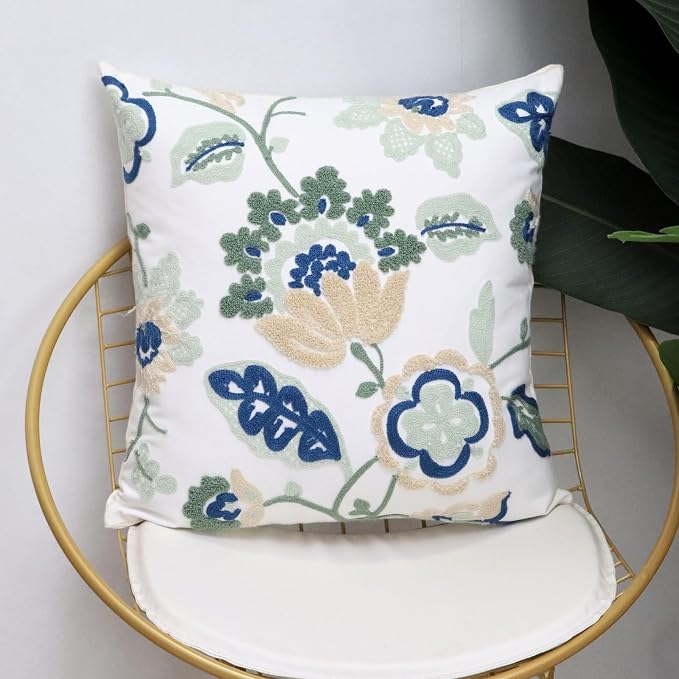 Pack of 2 Embroidered Decorative Throw Pillow Cover 18x18 Inch Farmhouse Floral Pillowcase for Living Room Sofa Bed (Dragon Flower-A)