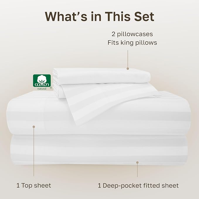 California Design Den Softest 100% Cotton Sateen King Sheets Set | 500 Thread Count Backed by Good Housekeeping Seal, 16" Deep Pocket, All-Around Elastic, Durable, Easy Care - White Striped