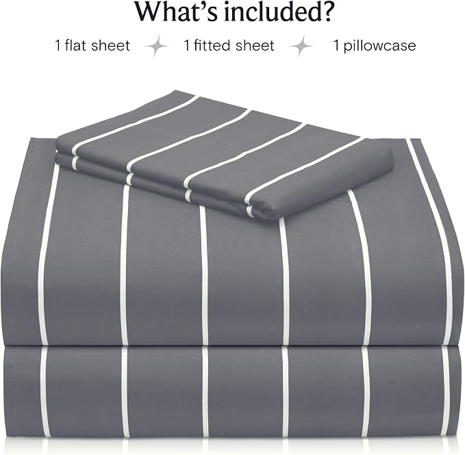 LuxClub Striped Sheets, 3 PC Striped Bed Sheets Twin Size for-Boys-and-Girls-Deep Pockets 18" Eco Friendly Wrinkle Free-Kids-Fitted Sheets Machine Washable Hotel Bedding (Twin, Light Grey) | LuxClub Silky Fitted Sheet & Pillowcase Sets, Breathable Hote...