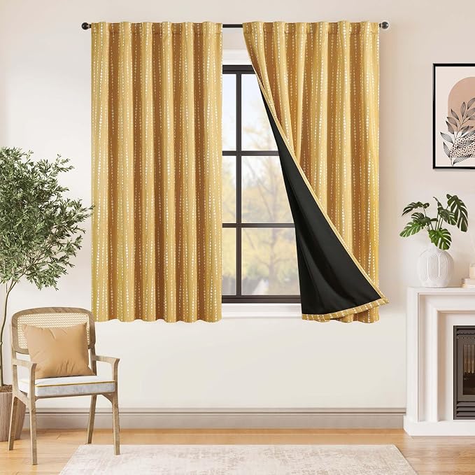 jinchan Boho Blackout Curtains 63 Inch Length Moon Phase Printed Drapes | Mustard Yellow Farmhouse Curtain for Bedroom Living Room Back Tab Drapes Room Darkening Window Treatment 2 Panels