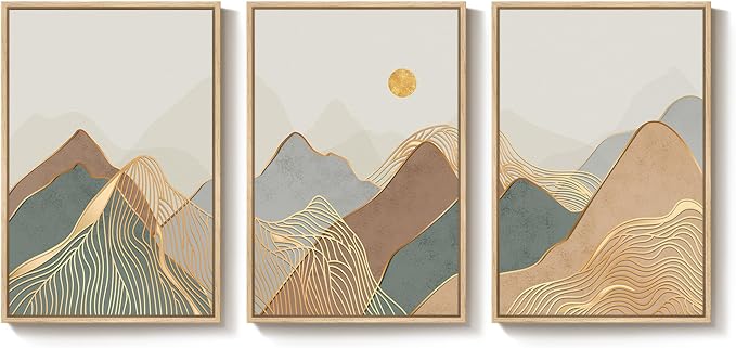 Large Framed Boho Modern Mountain Wall Art for Living Room, 3 Piece, 24x36 | Neutral, Landscape, Nature inspired, Minimalist, Bedroom decor, Home office, Hallway, Rustic, Earth tone, Canvas artwork