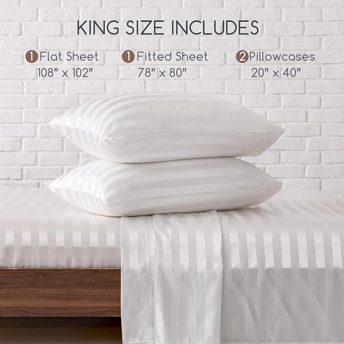 MR&HM Satin Sheets King Size with Elastic Corner Straps, Ivory Striped | Similar to Silk, 4-Piece Silky Soft Bed Sheet Set, Gentle on Skin and Hair, 15" Deep Pocket, Cooling & Breathable