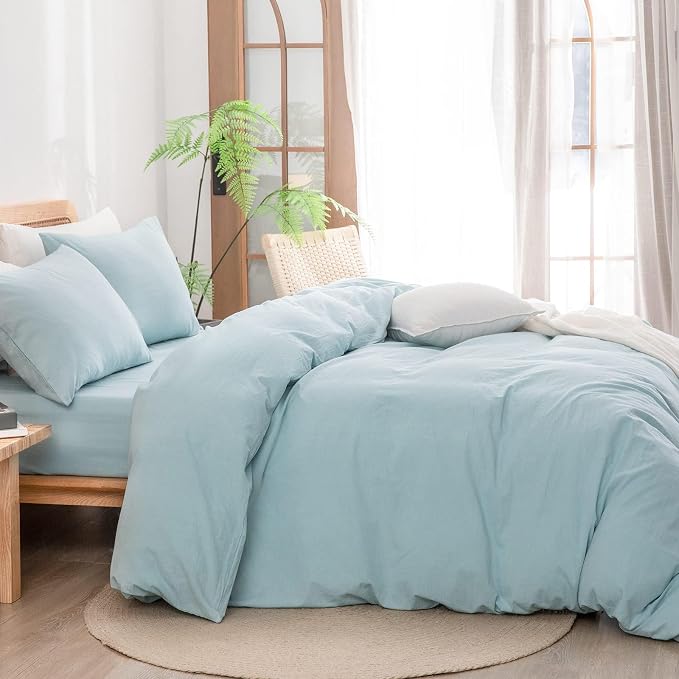 BESTOUCH Cotton Solid Duvet Cover Set Linen Feel Hushed Green Alaska King | 100% Washed Cotton, Soft Wrinkle Texture, Hidden Zipper, 8 Ties, Breathable Lightweight Durable Comfy, 3 Pcs No Insert