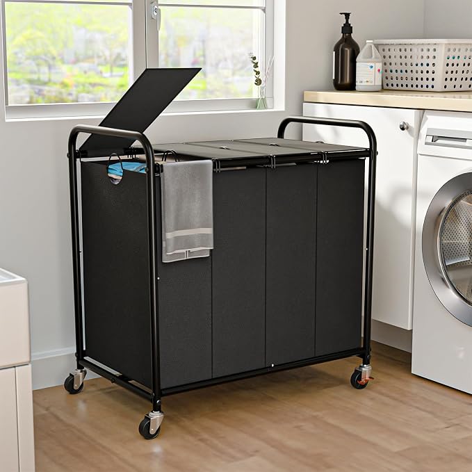 Laundry Sorter 4 Sections 48 Gal, Rolling Laundry Basket with Wheels ＆ Lid | Laundry Hamper, 4 Separated Removable Bags, Lockable Wheels, Dirty Clothes Hamper for Laundry Room Organizer, Black