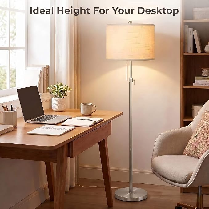 Qingmiao Brushed Nickel Floor Lamps for Living Room, 55"-67" Height Adjustable Modern Tall Lamp, 3-Way Dimmable Standing Lamp for Bedroom Office Reading Corner Home Decor, New House Warming Gifts