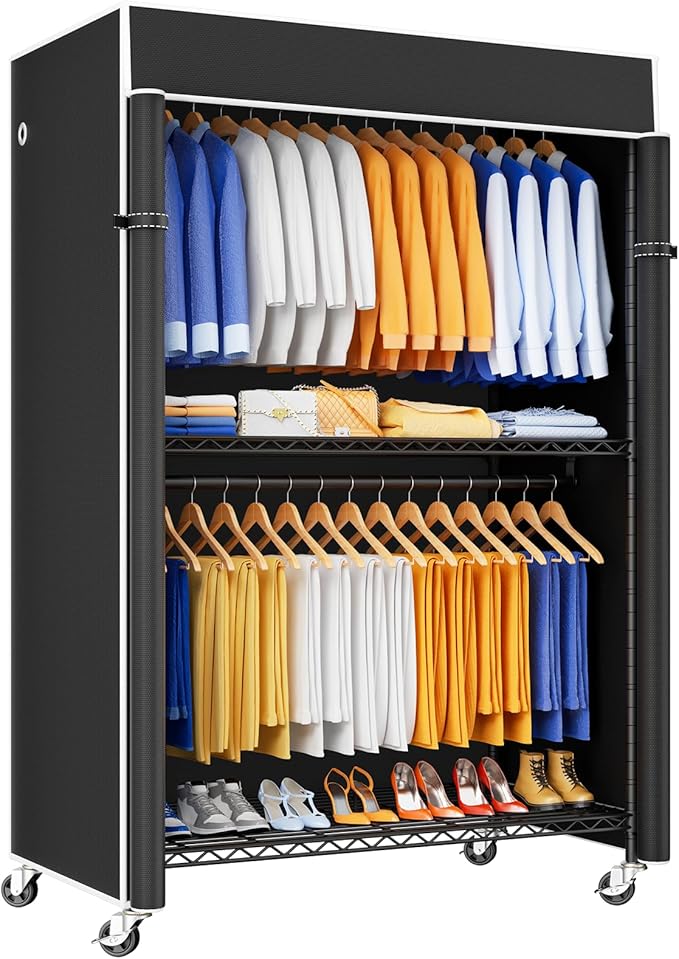 P8C Pro Heavy Duty Clothes Rack（With Extended Width Design） Rolling Clothing Racks for Hanging Clothes with Lockable Wheels，42" W x 15.8" D x 80.5" H，Load 700LBS，Black Rack with Black Cover