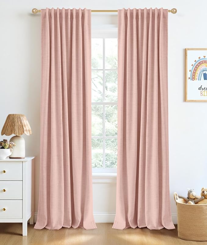 INOVADAY 100% Blackout Linen Curtains for Bedroom 50x90 Inches Blush Pink | Linen Textured, Light Blocking, Room Darkening, Thermal Insulated, Back Tab Top, Window Curtains for Living Room, 2 Panels
