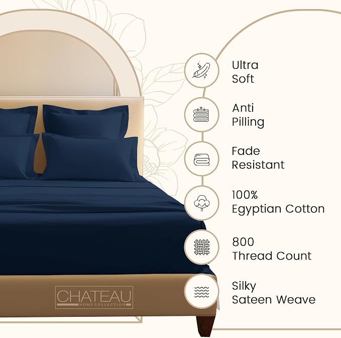 Egyptian Cotton Sheets Queen Size Set, 800TC Queen Sheets Set - Dark Denim | 15" Deep Pocket, Breathable & Cooling, Sateen Weave 4-Piece fully elasticized Sheet & Pillowcase Sets, OEKO-TEX Certified