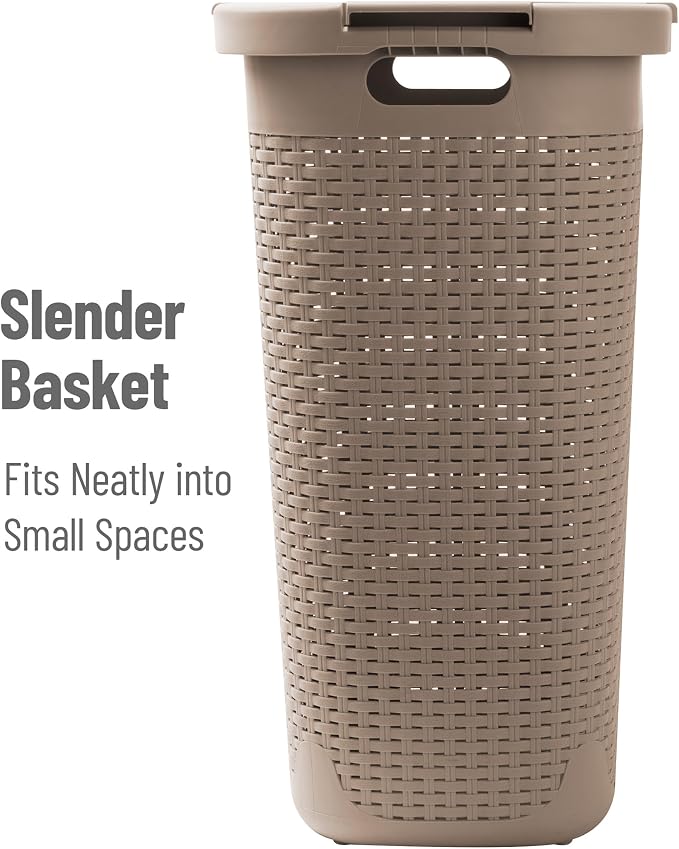 Mind Reader Slim Laundry Hamper with Lid, 60L Tall Clothes Basket, Narrow Tapered Design for Bathrooms, Closets and Laundry Rooms, Plastic, Tan
