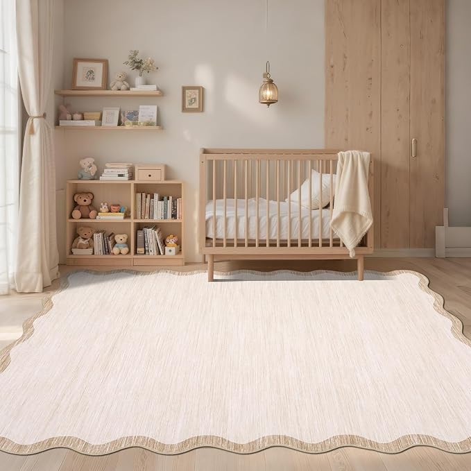 GarveeHome Scalloped Washable 10x13 Area Rug for Bedroom Non Slip, Beige | Farmhouse Living Room Rug Non Slip Large Area Rug Low Pile Throw Rugs Stain Resistant Carpet for Dining Room