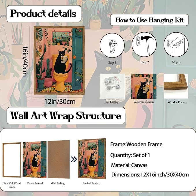 Funny Black Cat Bathroom Wall Art Whimsical Cat Reading Newspaper on Toilet Wall Decor Picture Cute Animal Bathroom Poster Canvas Painting Prints for Restroom 12x16 inch Framed