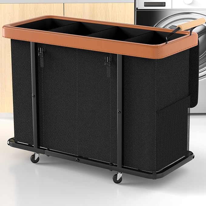 Laundry Hamper 4 Section with Lid, 300L Rolling Basket Hamper with Handle | Laundry Basket with Wheels,Organizer Storage Cart with Sturdy Metal Frame for Laundry Room Black