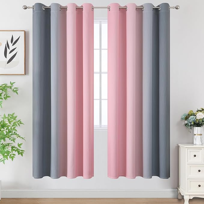 Ombre Grey and Pink Blackout Curtains for Bedroom 72 Inch | Full Room Darkening Blackout Curtains for Living Room, Grommet Thermal Insulated Gradient Window Drapes, 52x72 Inch,2 Panels