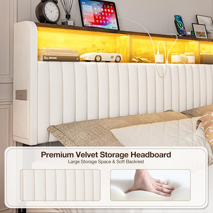 IKIFLY California King Storage Headboard Only, Adjustable Height, White | Velvet Upholstered Cal King Head Board with LED Lights & Charging Station, Easy Assembly, Modern Freestanding Headboard