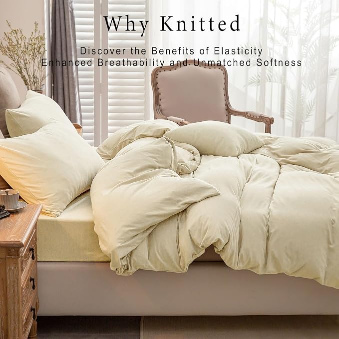 PURE ERA Jersey Knit Sheet Set Solid Creamy White California King | 100% Cotton, 3 Piece Set, T Shirt Soft, Breathable, Envelope Closure Pillowcases, Hidden Zipper, 8 Ties, No Insert, Modern