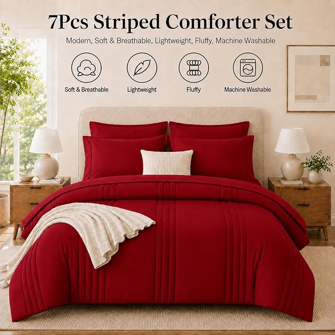 King Size Comforter Set Red - 7 Pieces Complete Bedding Set | OEKO-TEX Certified, All Season, 240GSM Down-Alternative Comforter, Sheets, Pillowcases & Shams, 14" Deep Pocket, Easy Care
