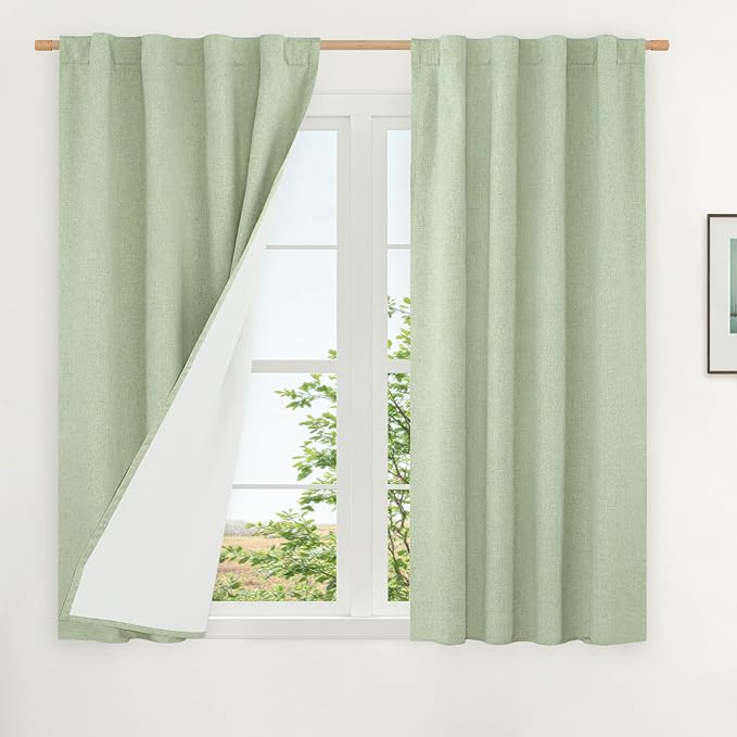 Light Green Natural 100% Blackout Linen Curtains 45 Inches 2 Panels | Linen Textured, Thermal Bedroom Curtains, Farmhouse Neutral Panels, Rod Pocket Back Tab, with White Liner, 38 x 45 Inch