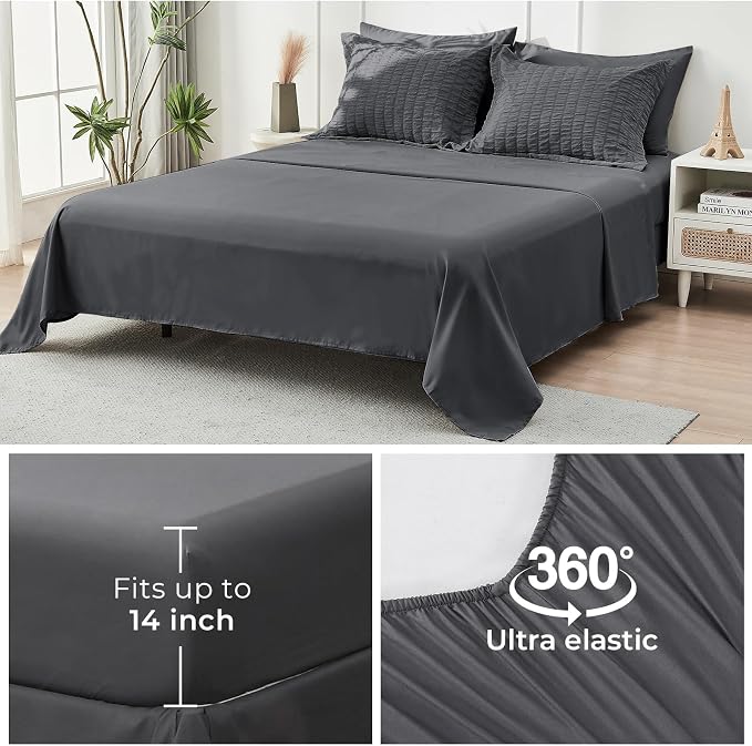 HYMOKEGE California King Comforter Set Seersucker 7 Pieces, All Season Luxury Bed in a Bag for Bedroom, Bedding Set with Comforters, Sheets, Pillowcases & Shams, Dark Grey