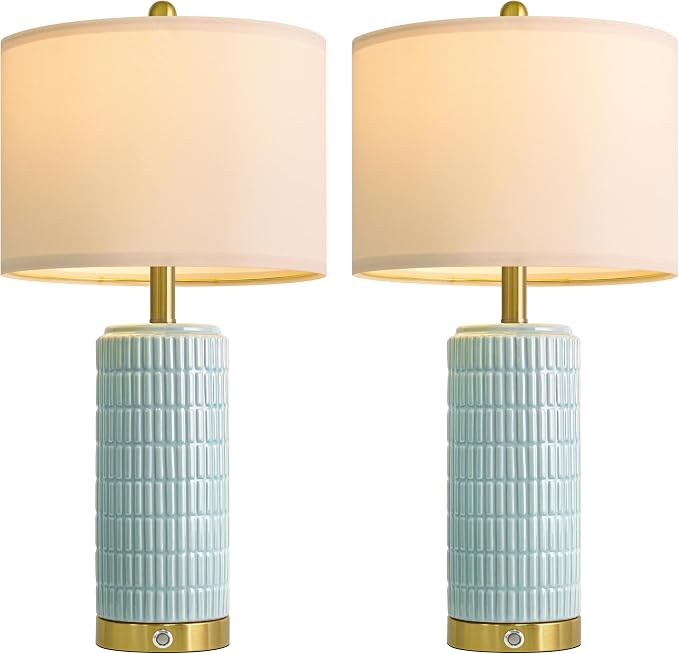 PoKat 25'' Bedside Table Lamps Set of 2 for Living Room, 3-Way Dimmable Touch Lamps for Bedroom, Modern Lamps for Nightstand with USB Ports, Coastal Blue Lamp for Office Sideboard (Bulbs Included)